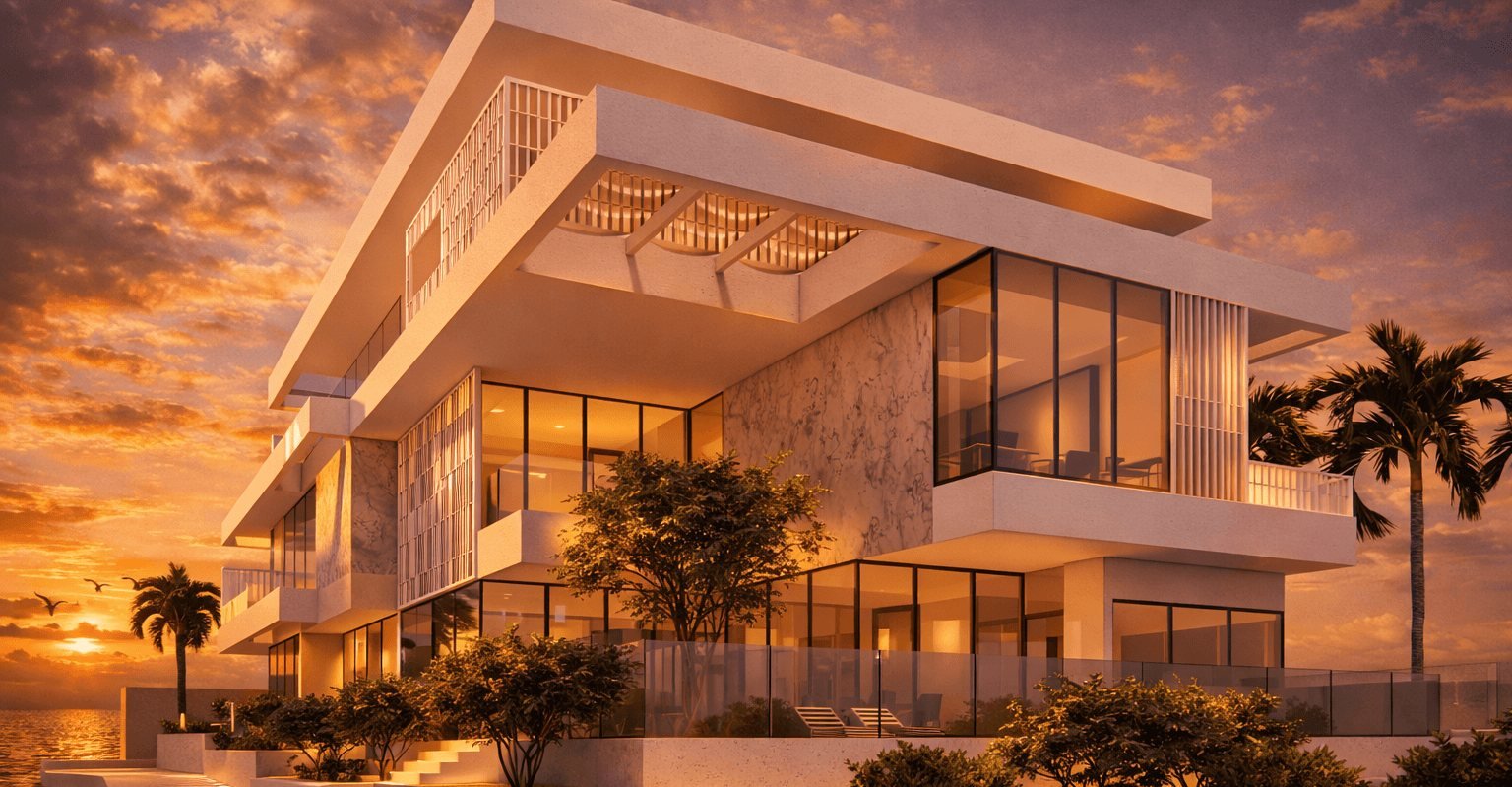 The villa at sunset, with layered terraces and stone cladding