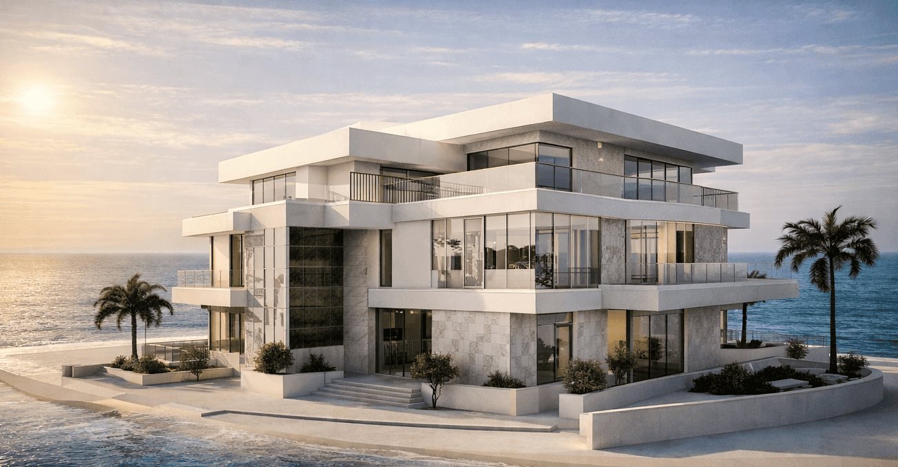 Aerial view of the villa on its waterfront plot
