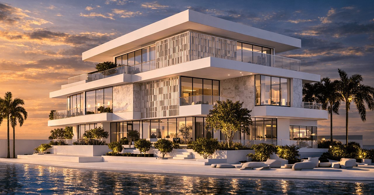Pool terrace façade at dusk