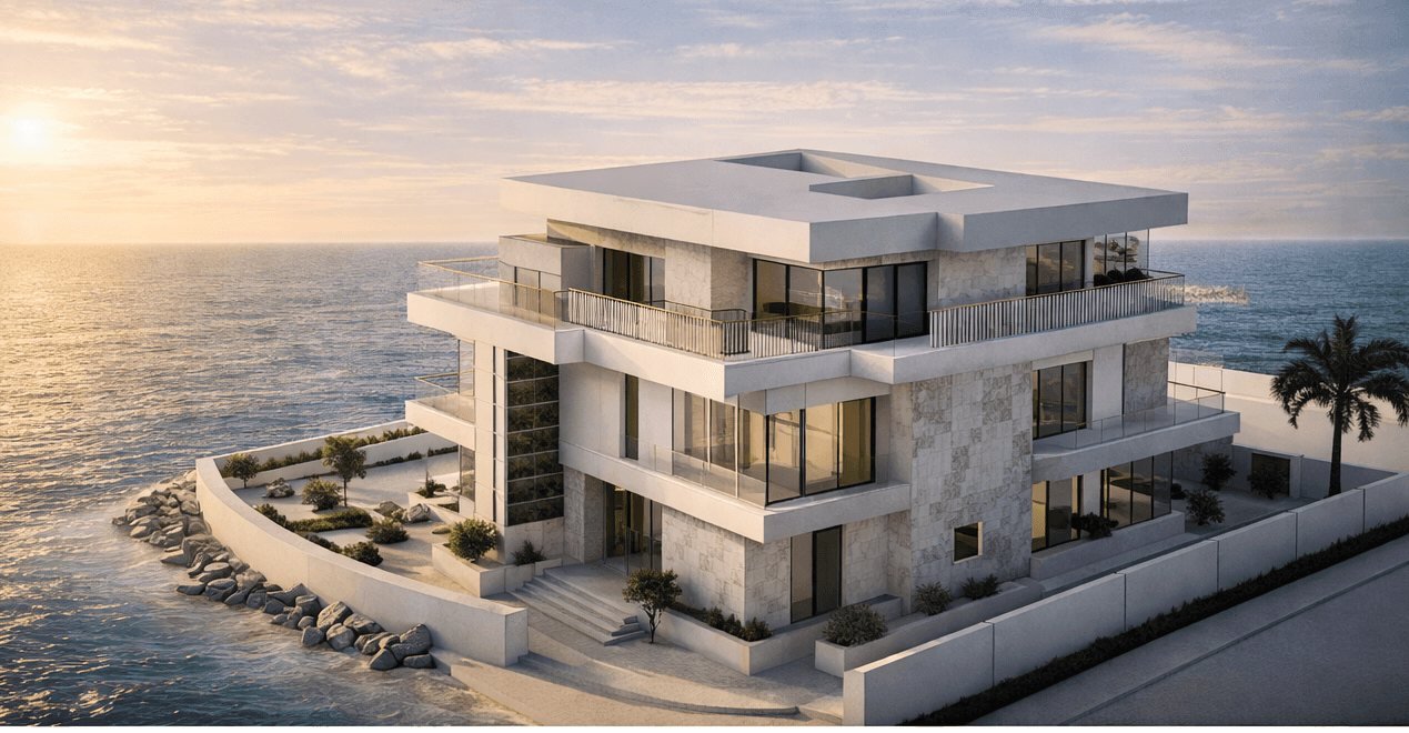 The villa seen from the shoreline