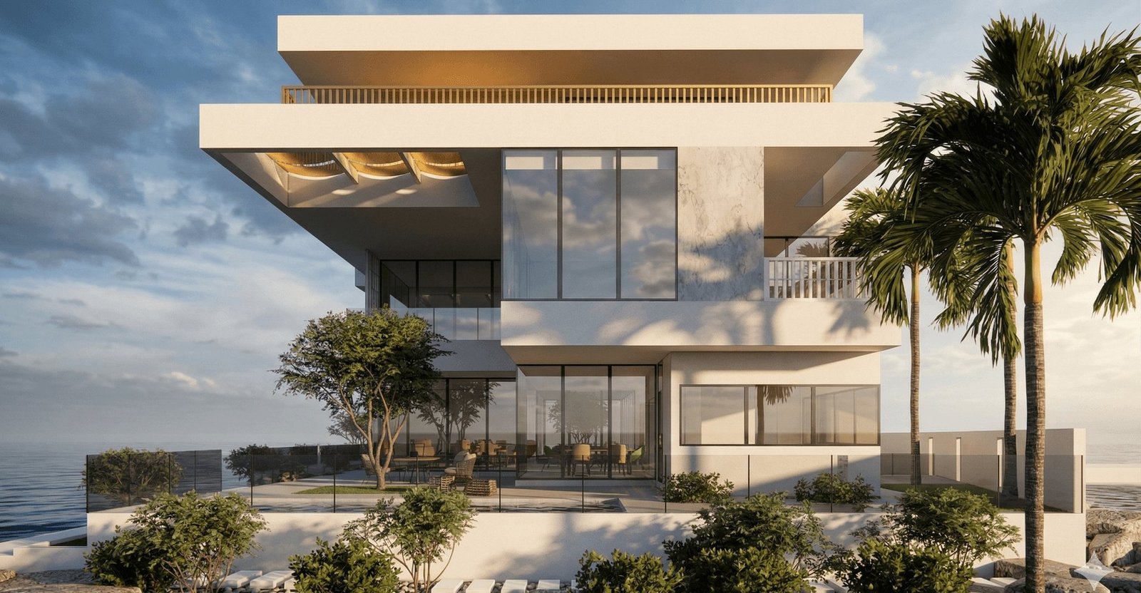Cantilevered upper levels framed by palms