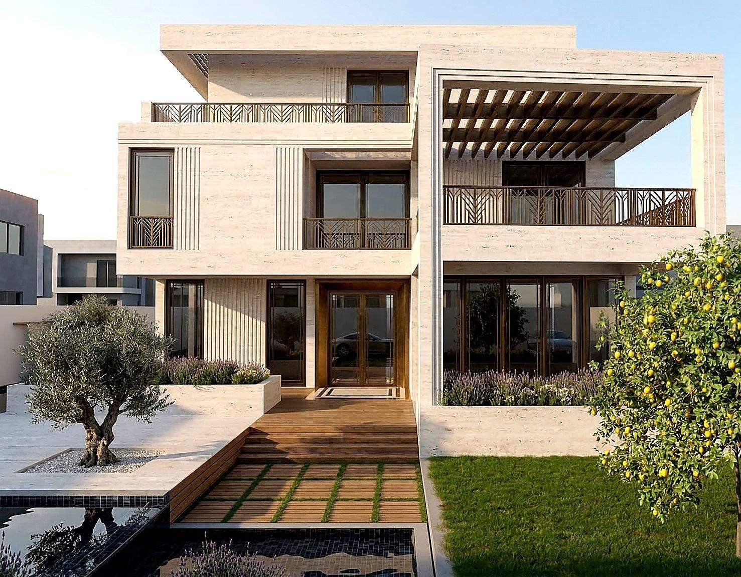 Entrance court with timber pergola and water feature