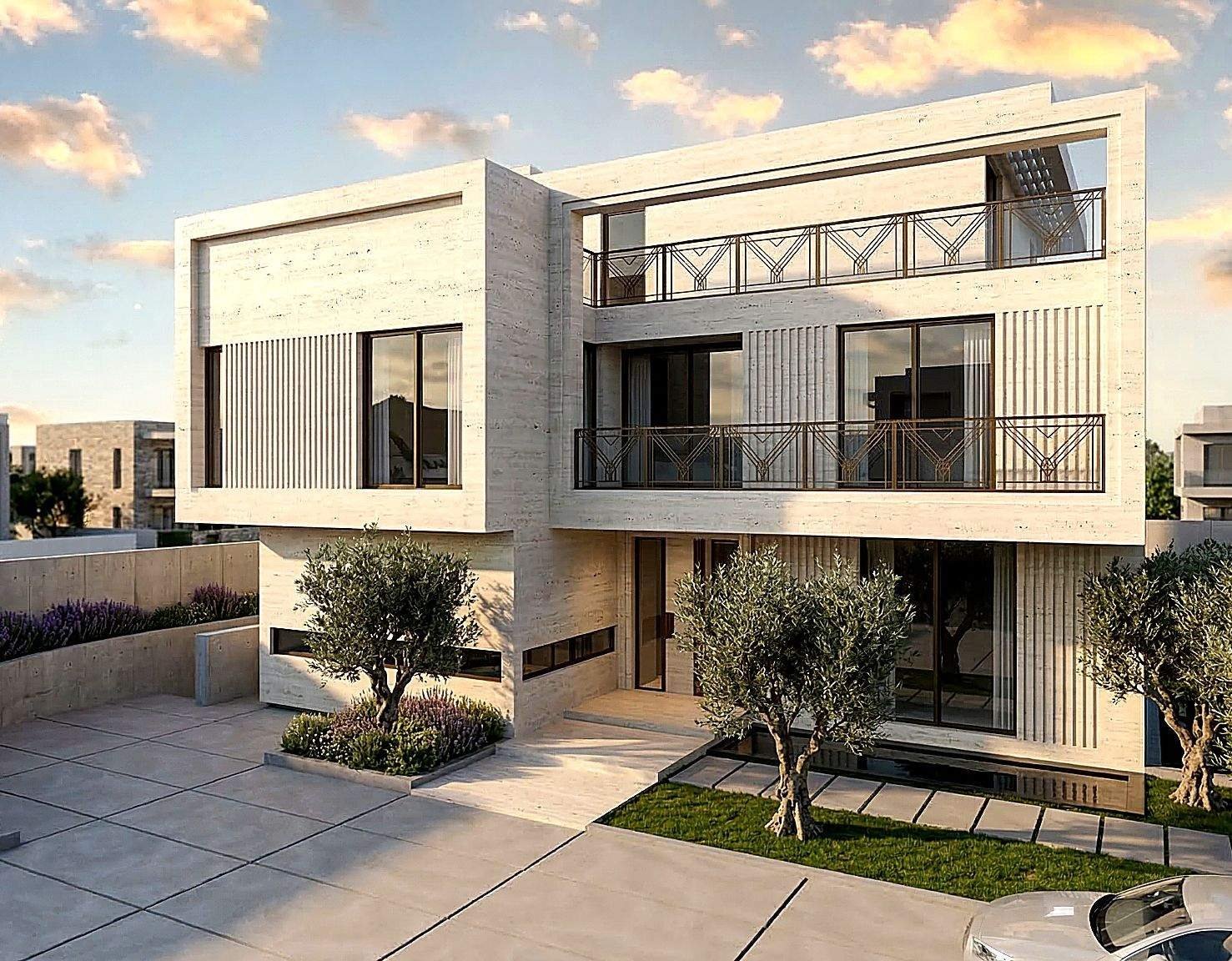 Corner view with Art Deco-inspired metal balconies