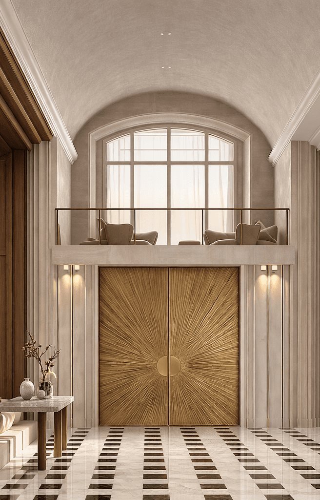 Double-height entrance hall with sunburst bronze door