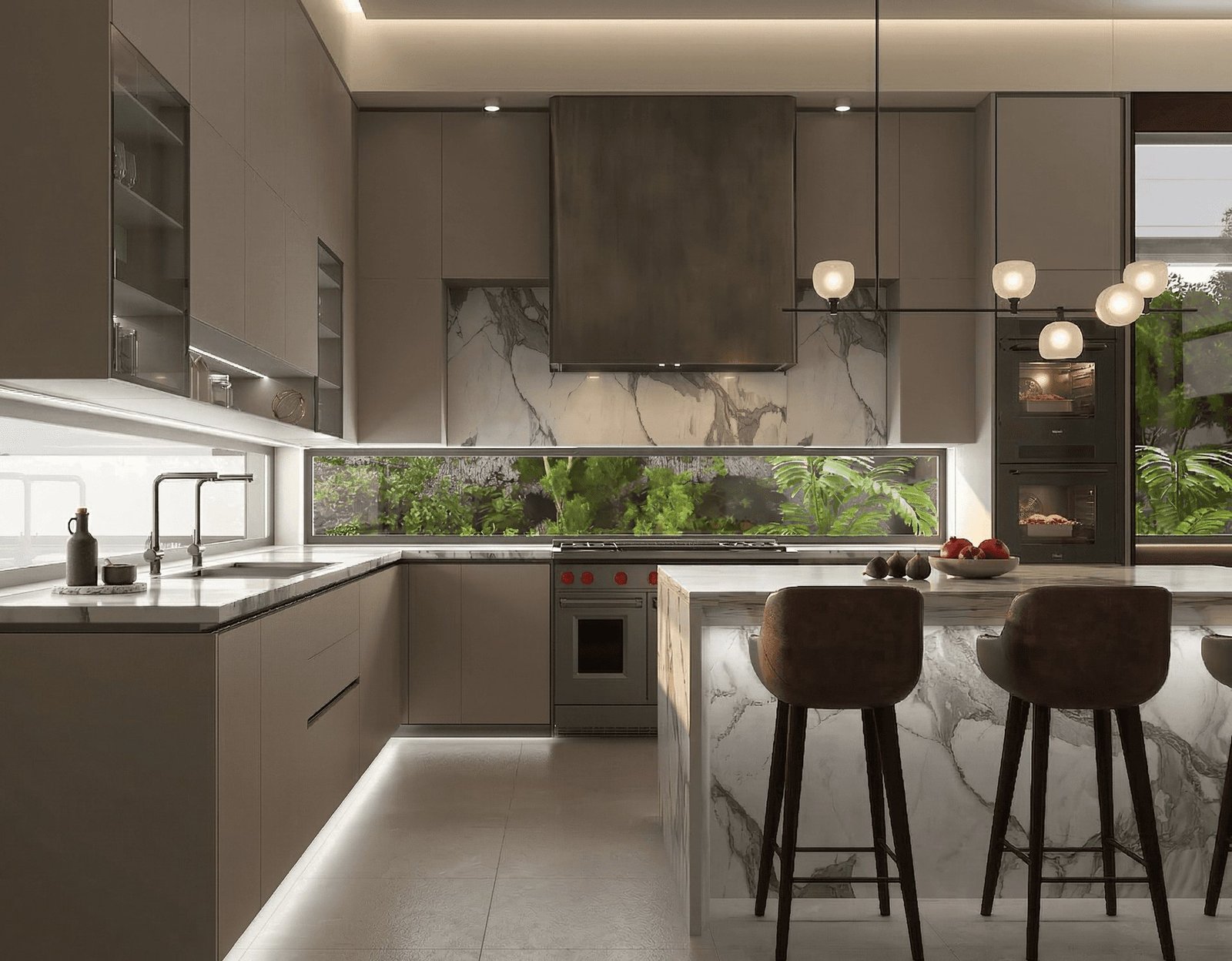 Kitchen with marble backsplash and garden window