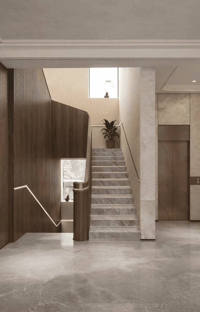 Stair hall in stone and walnut