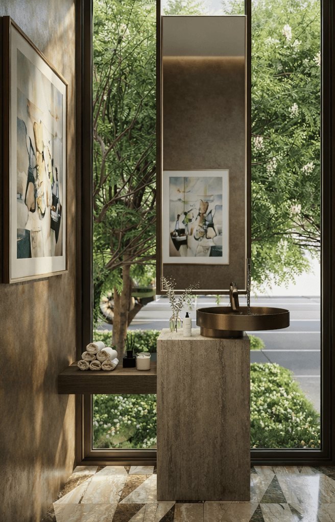 Powder room with garden outlook