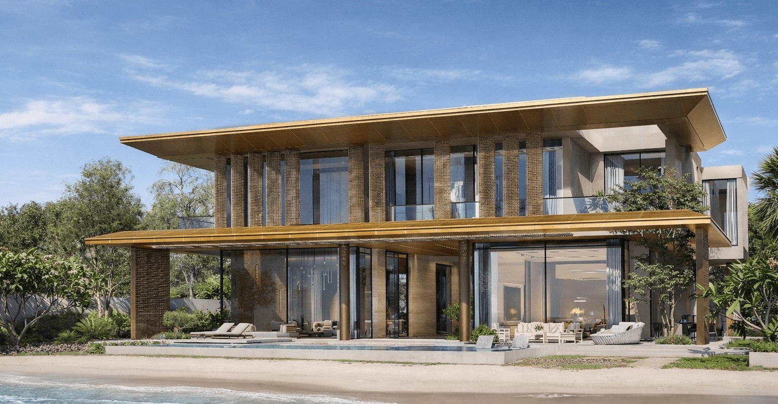 Waterfront elevation of the villa beneath its horizontal roof canopy