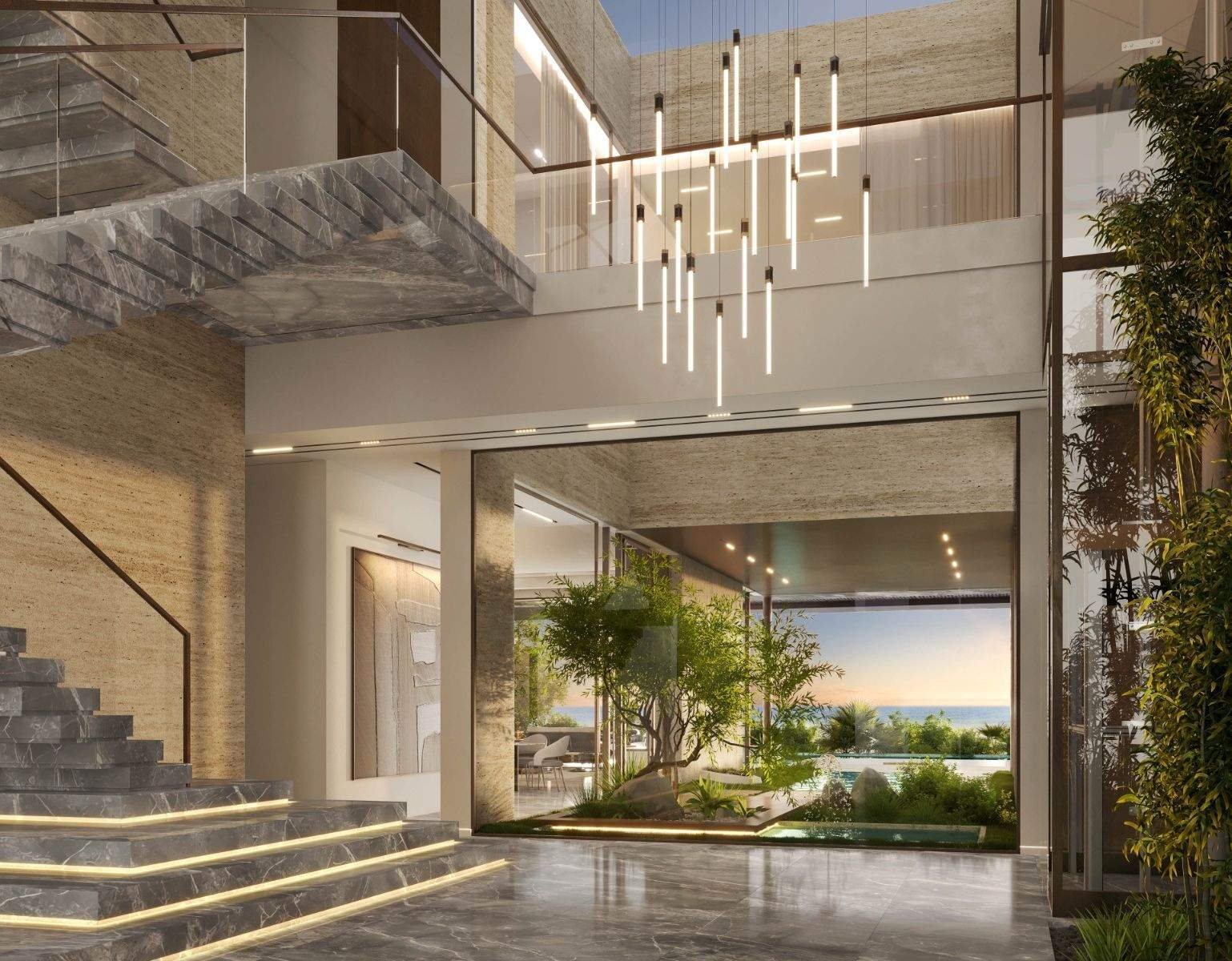Double-height entrance hall with floating stair and courtyard garden