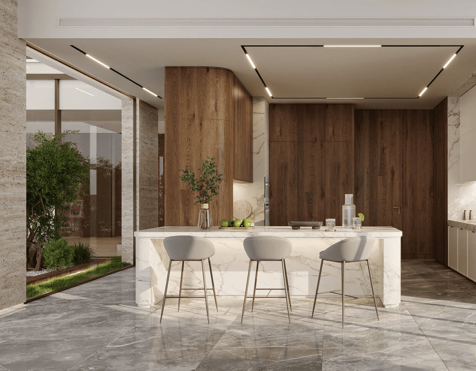 Kitchen with sculpted marble island and warm wood veneers