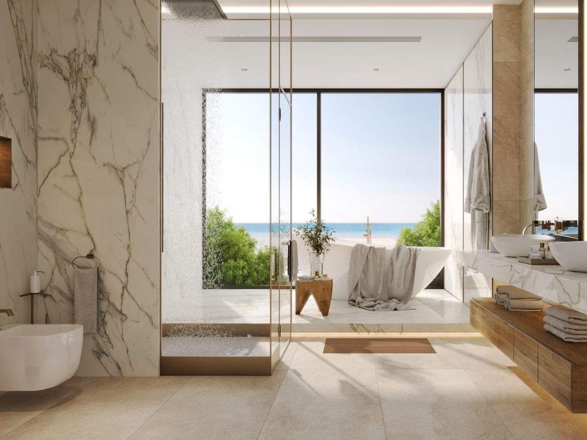 Master bathroom in large-format marble