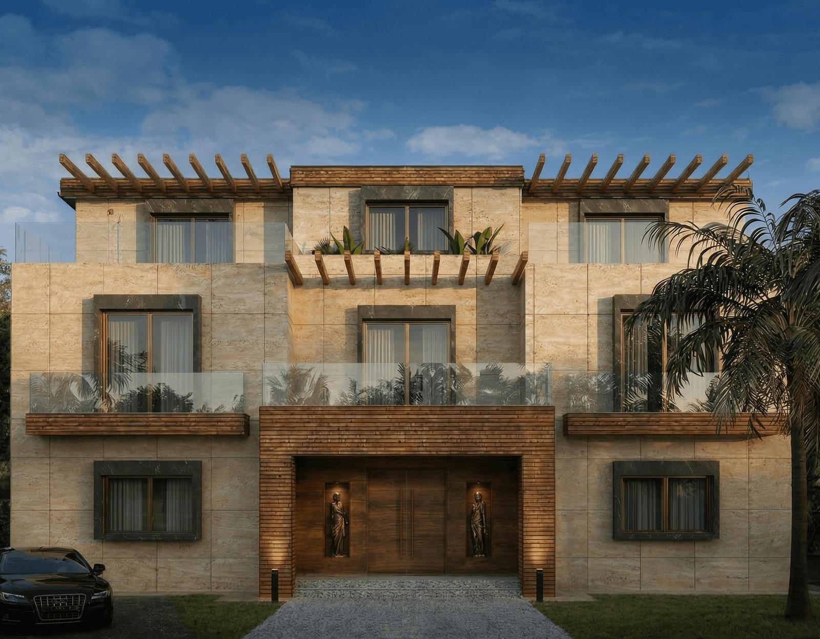 Main façade in light travertine with Nero Marquina window surrounds