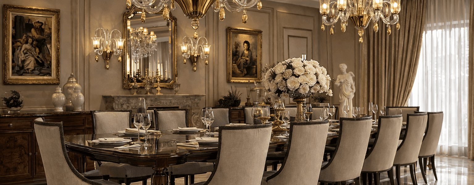 Formal dining room beneath Murano glass chandeliers