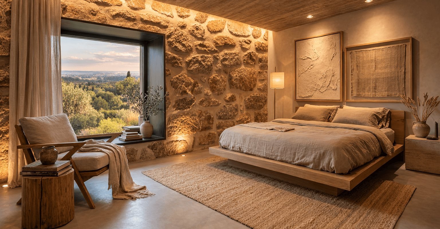 Bedroom with exposed historic stone walls and views over the Tuscan hills