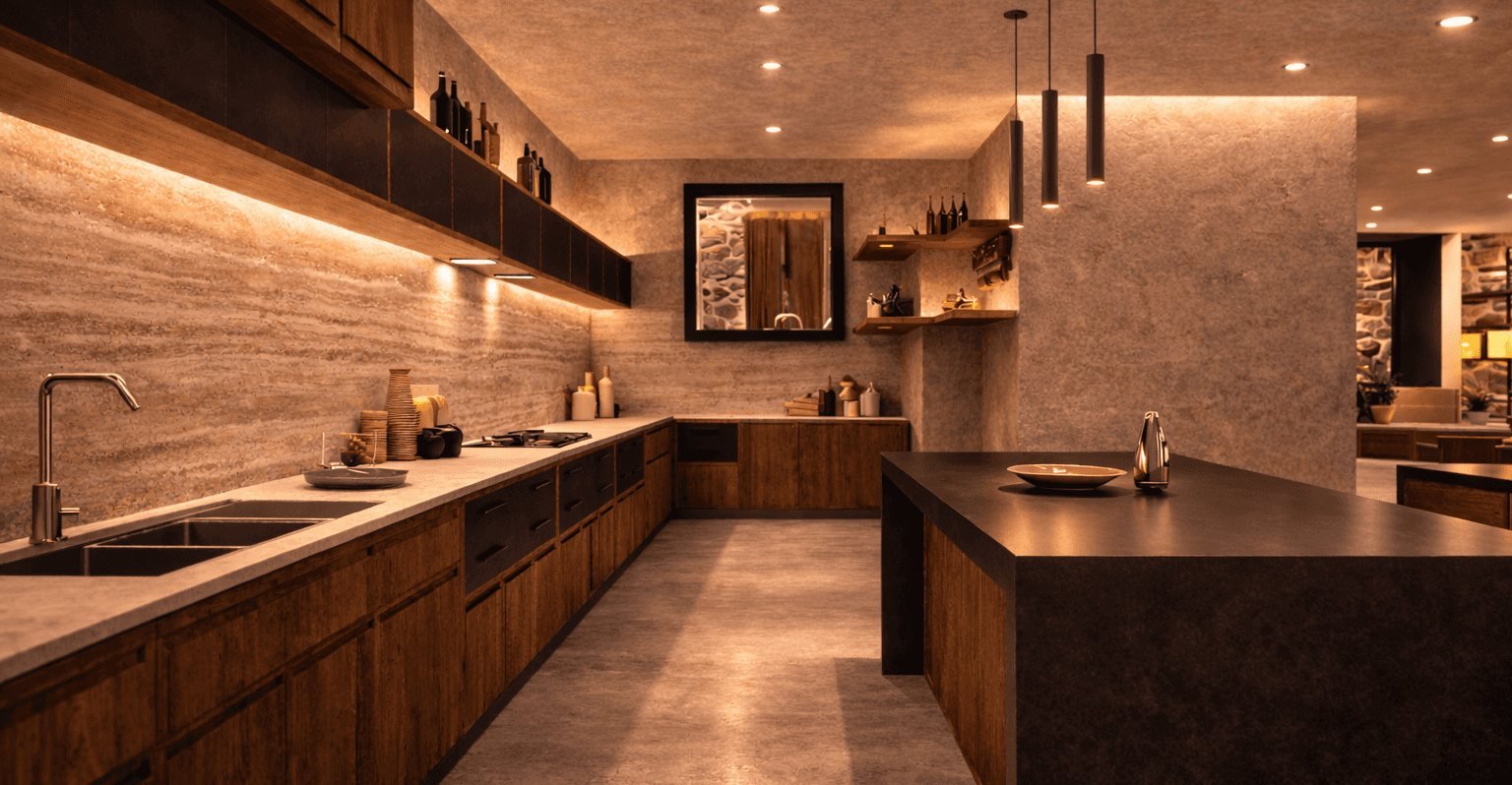 Kitchen with travertine countertops and natural wood joinery