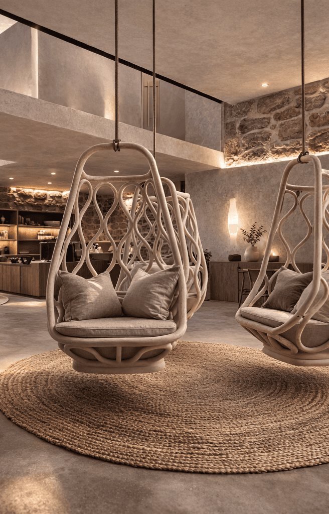 Double-height living space with hanging chairs